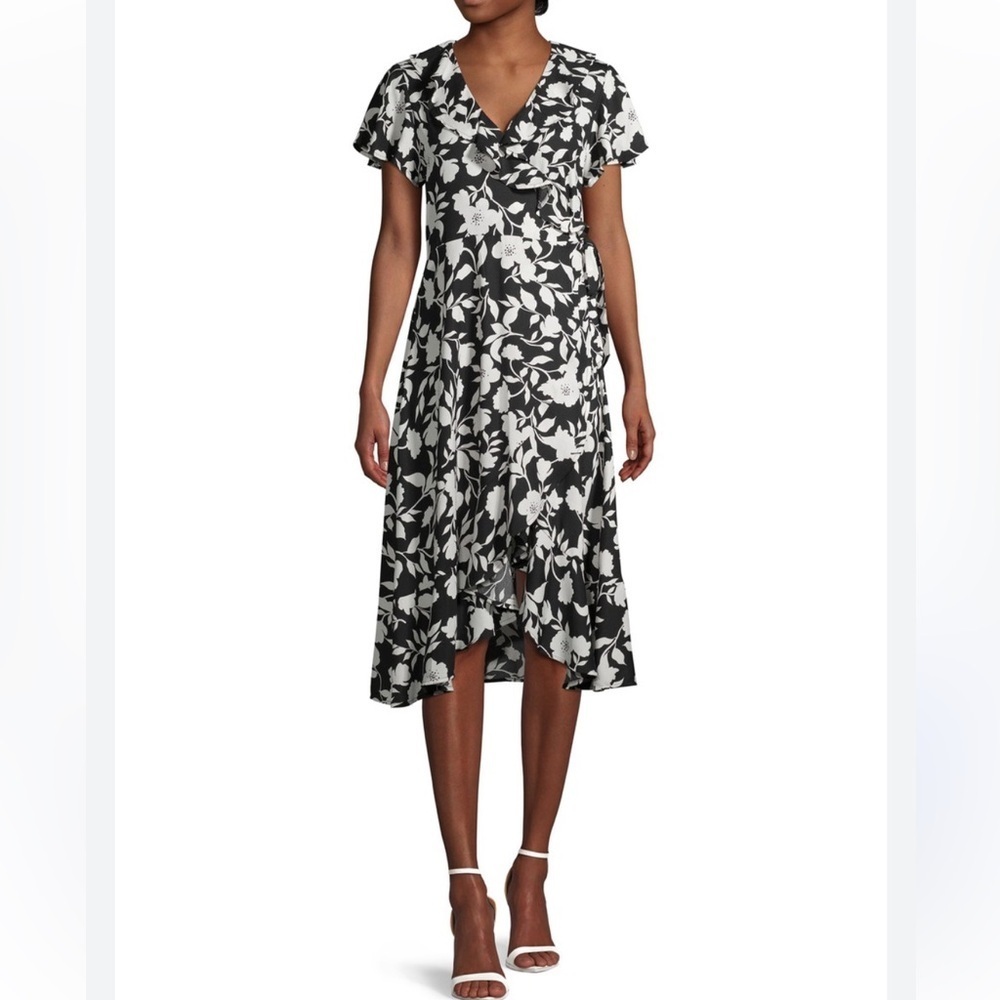 NEW Time and Tru Women's Ruffle Floral Midi Dress Black/white Size XXL